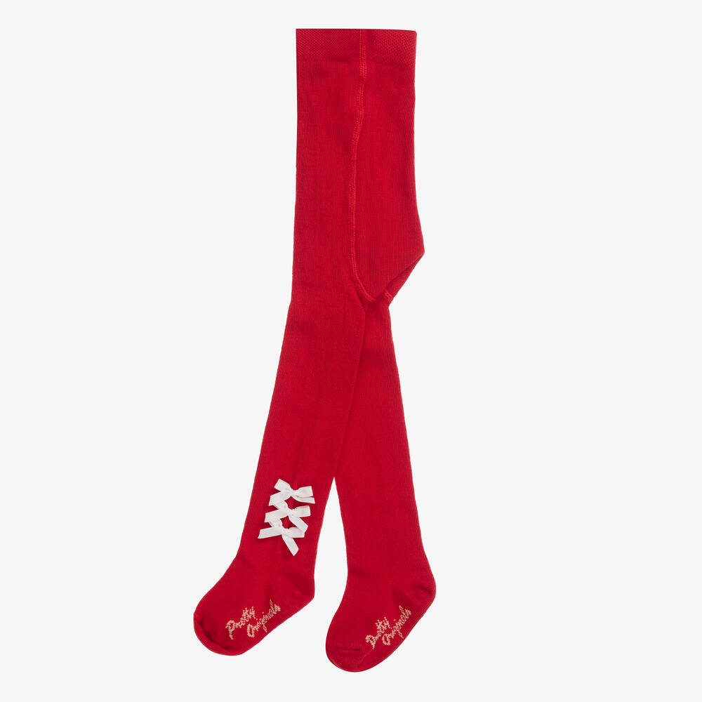 Pretty Originals-Girls Red Cotton Bow Tights | Childrensalon