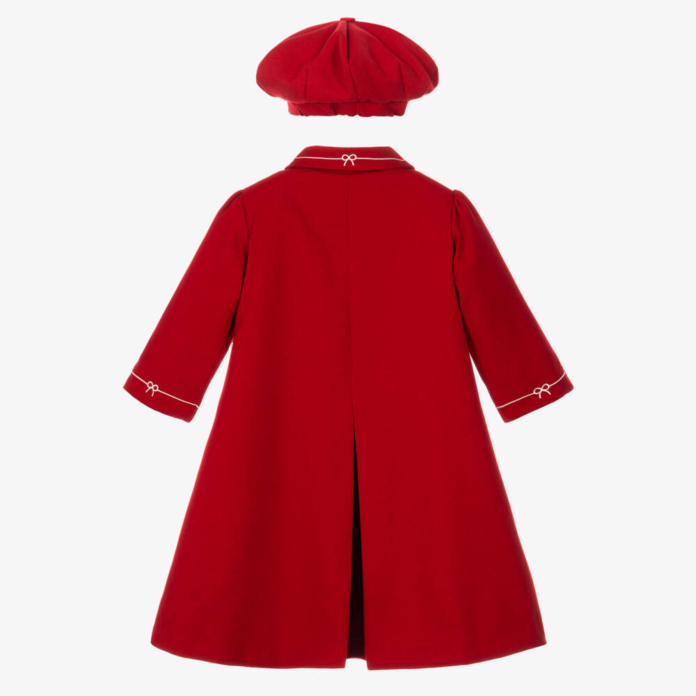 Pretty Originals-Girls Red Twill Coat & Hat Set with Bow Embroidery | Childrensalon
