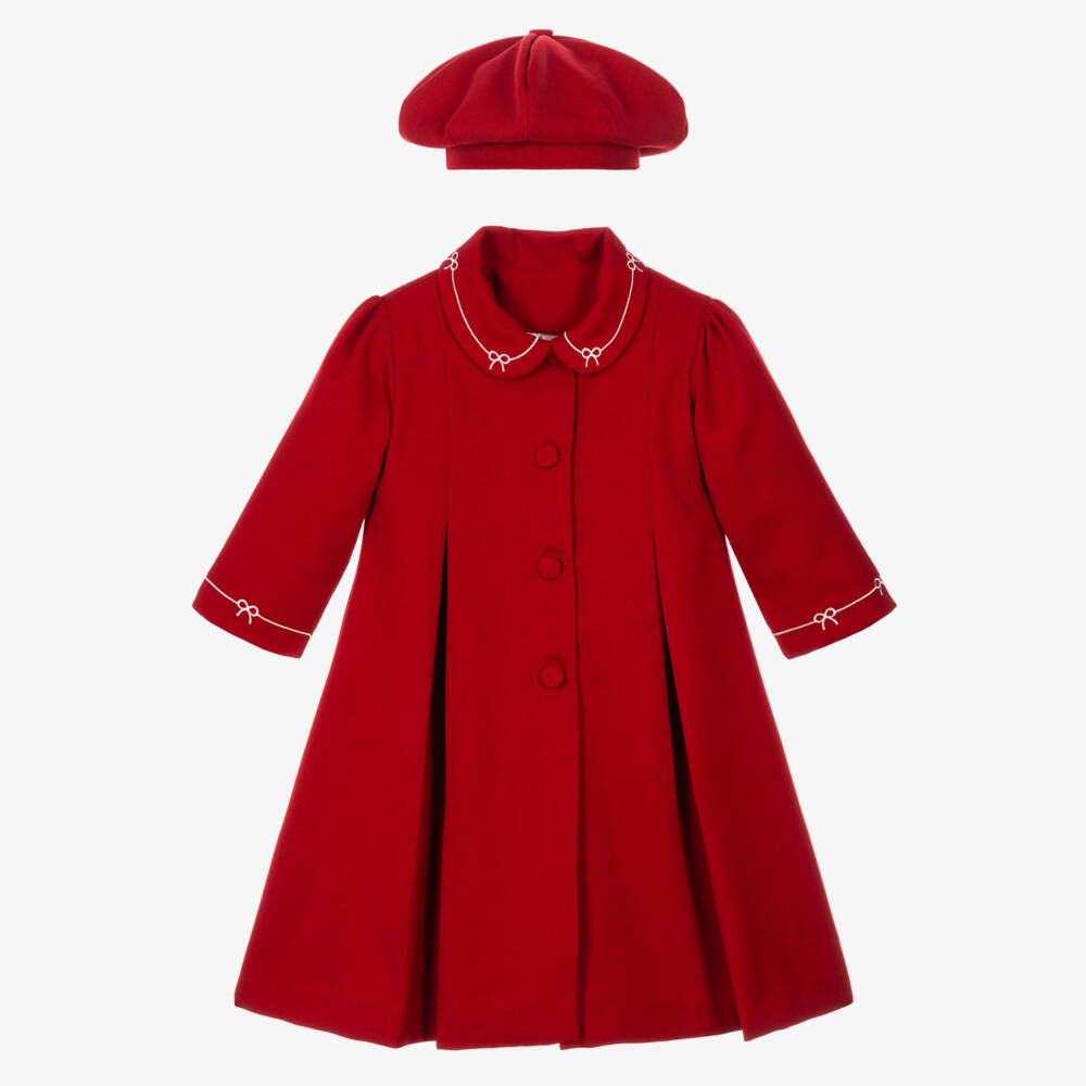 Pretty Originals-Girls Red Twill Coat & Hat Set with Bow Embroidery | Childrensalon