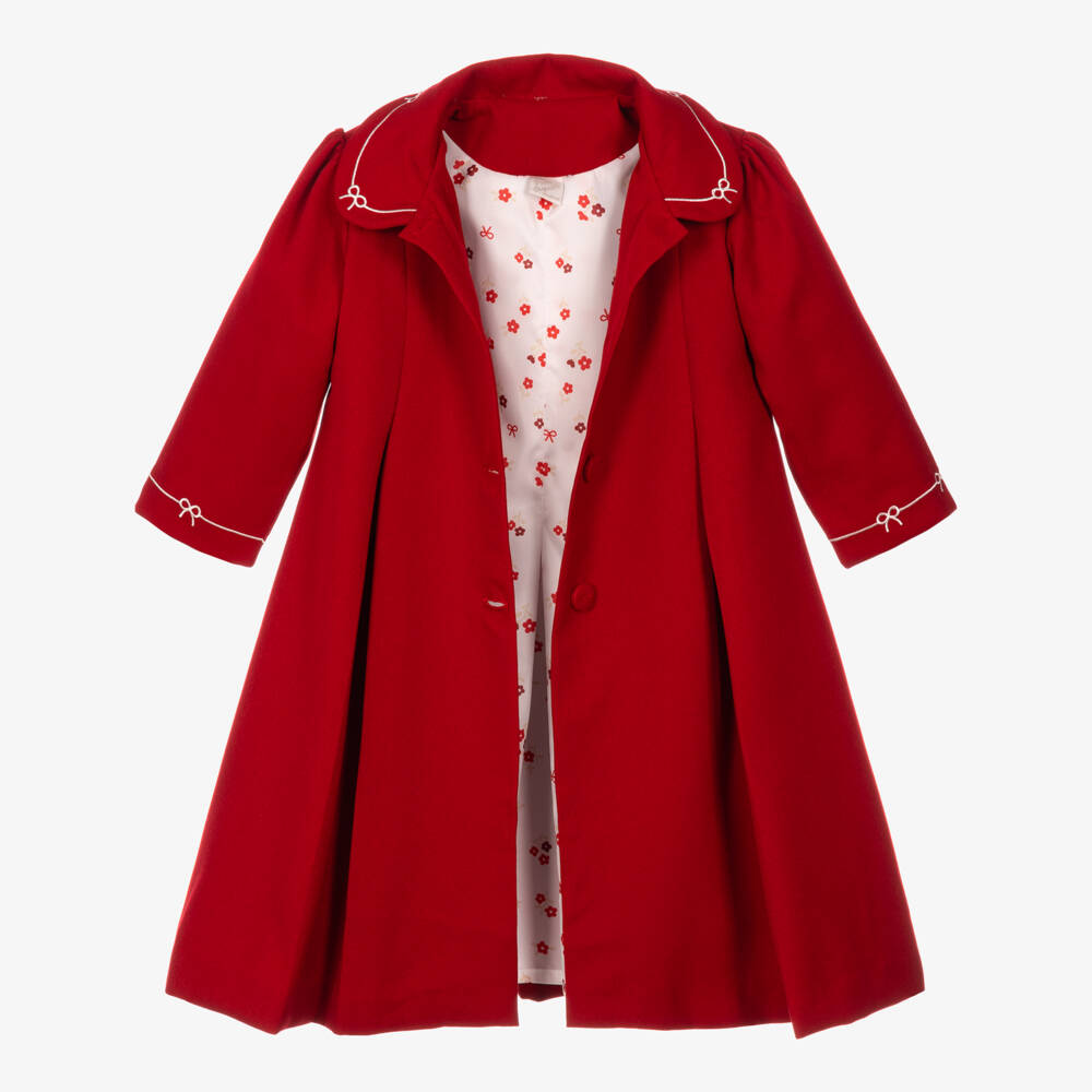 Pretty Originals-Girls Red Twill Coat & Hat Set with Bow Embroidery | Childrensalon