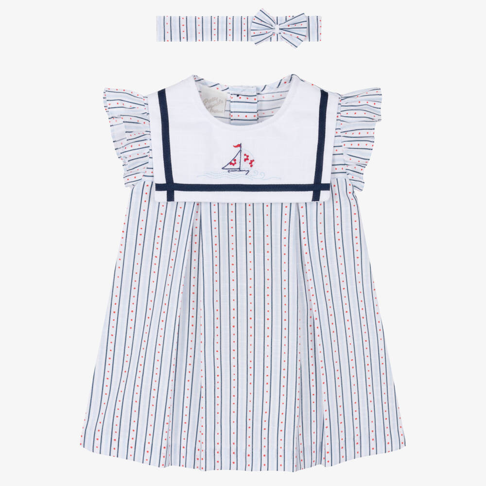 Pretty Originals-طقم فستان ستايل البحارة قطن لون أبيض وأزرق للبنات | Childrensalon