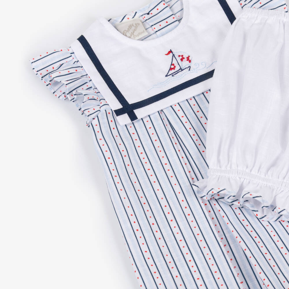 Pretty Originals-Girls White & Blue Cotton Sailor Dress & Headband Set | Childrensalon