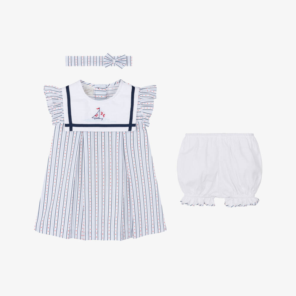 Pretty Originals-Girls White & Blue Cotton Sailor Dress Set | Childrensalon