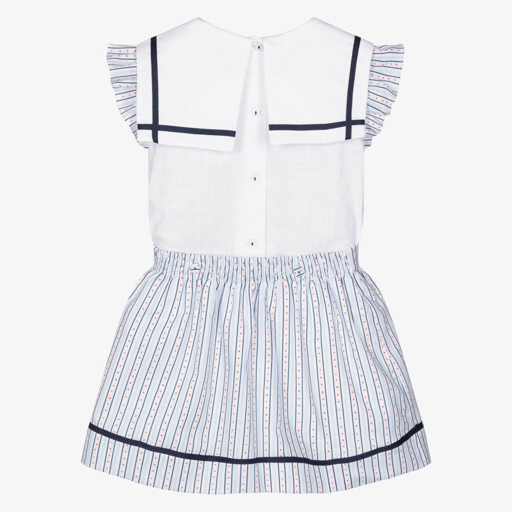 Pretty Originals-Girls White & Blue Striped Cotton Skirt Set | Childrensalon