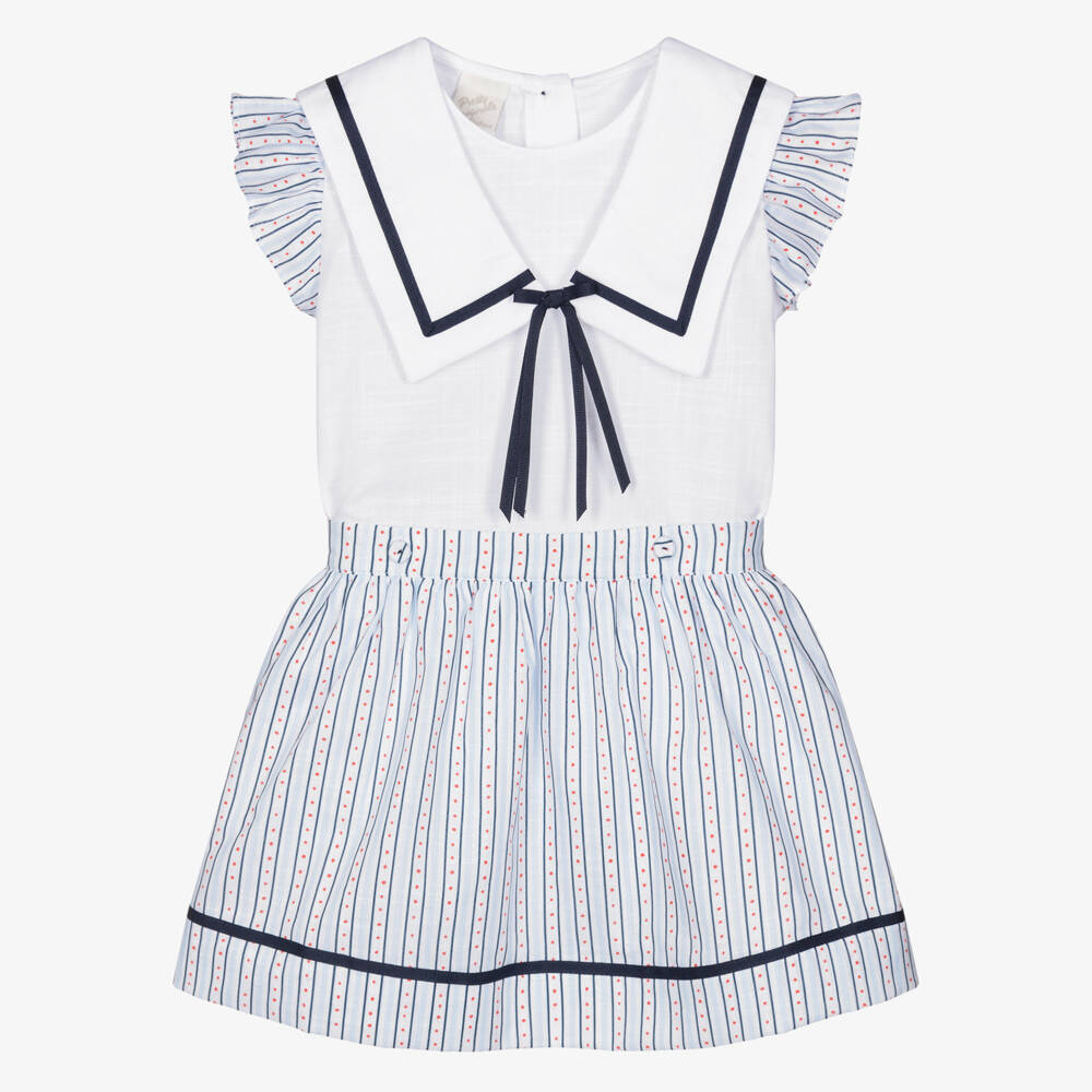 Pretty Originals-Girls White & Blue Striped Cotton Skirt Set | Childrensalon