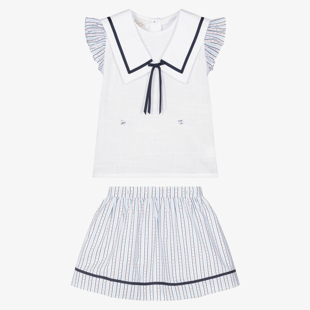 Pretty Originals-Girls White & Blue Striped Cotton Skirt Set | Childrensalon