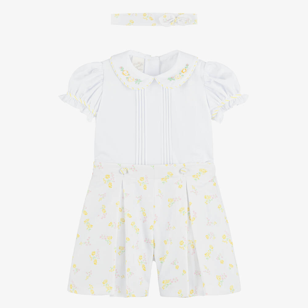 Pretty Originals-Girls White Buster Suit with Pink & Yellow Floral Print | Childrensalon