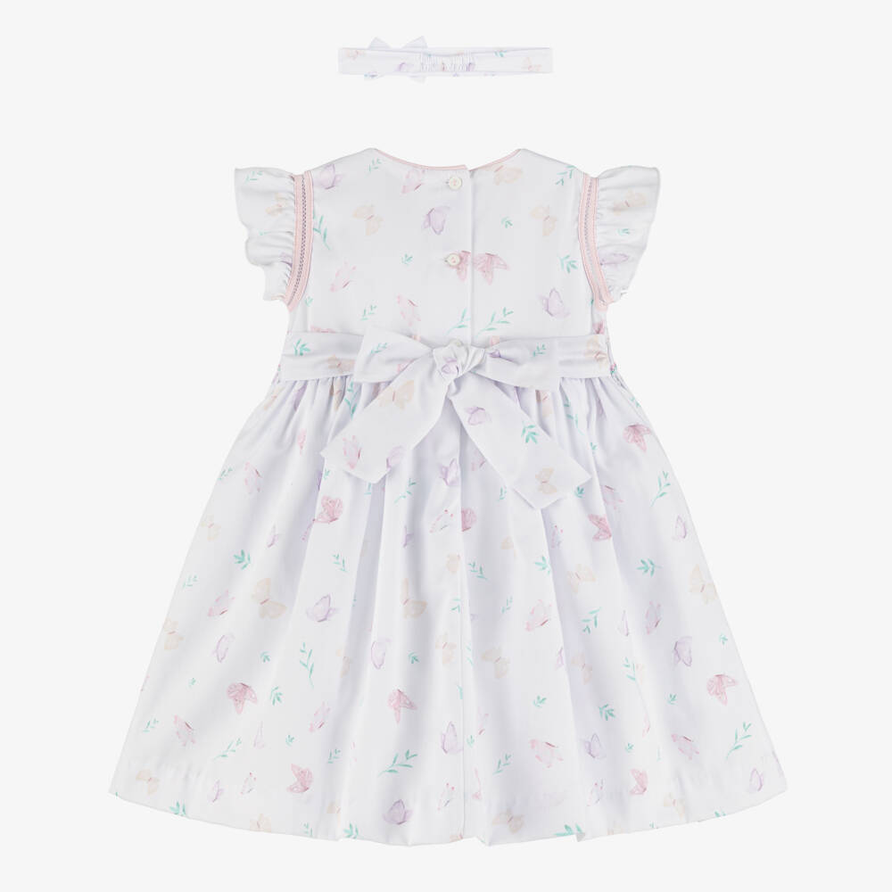 Pretty Originals-Girls White Butterfly Print Hand-Smocked Dress Set | Childrensalon