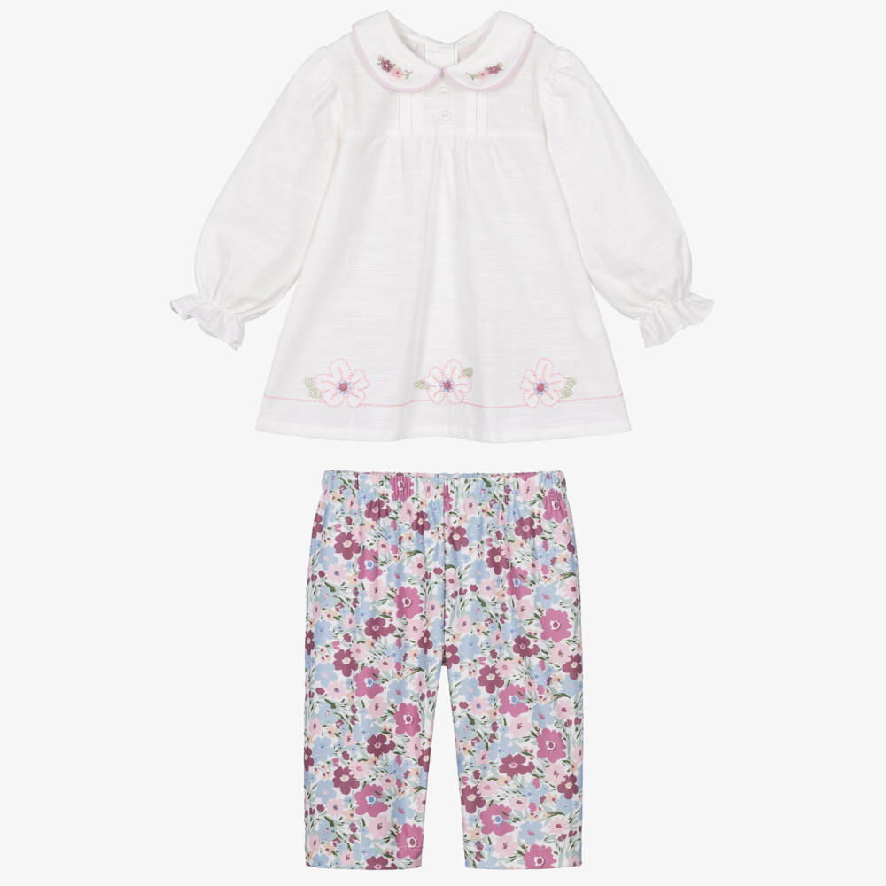 Pretty Originals-Girls White Cotton & Pink Floral Leggings Set | Childrensalon