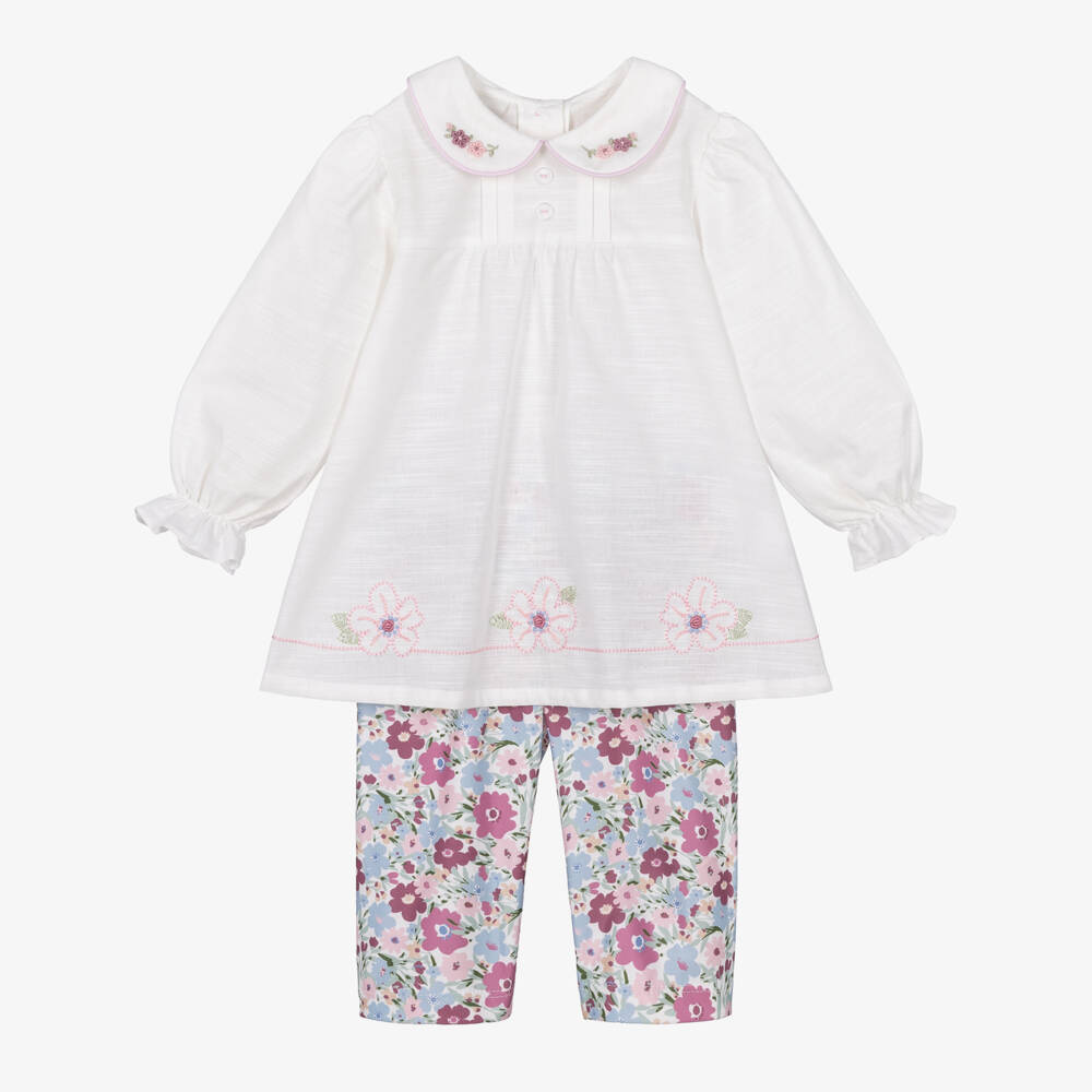 Pretty Originals-Girls White Cotton & Pink Floral Leggings Set | Childrensalon