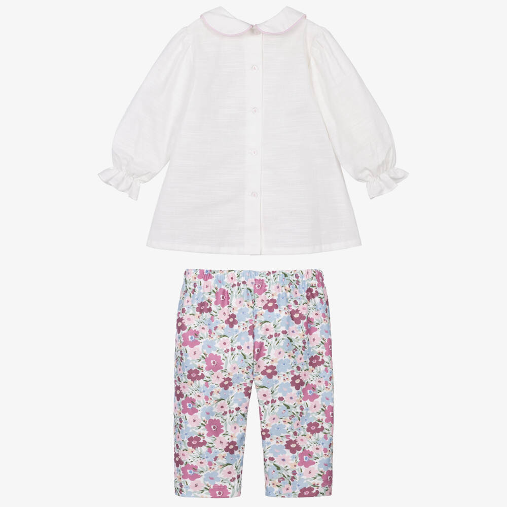 Pretty Originals-Girls White Cotton & Pink Floral Leggings Set | Childrensalon