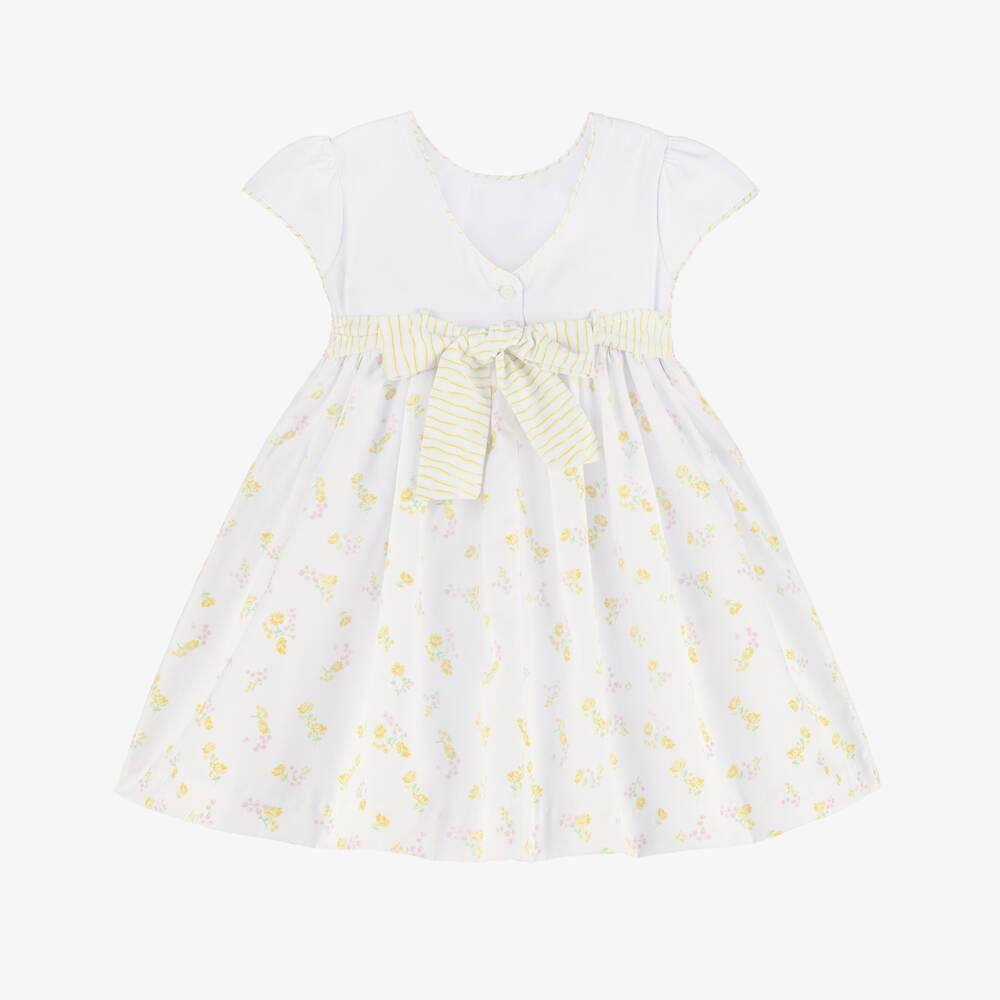 Pretty Originals-Платье бело-желтое с розовым цветочным принтом для девочек | Childrensalon