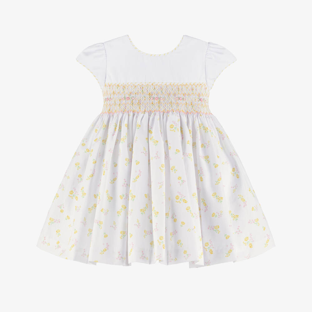 Pretty Originals-Girls White Dress with Yellow & Pink Floral Print | Childrensalon