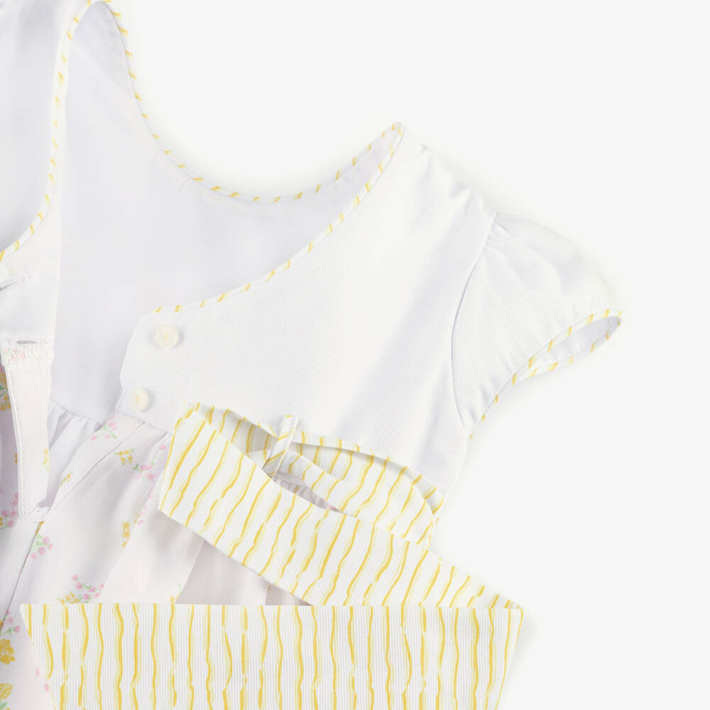 Pretty Originals-Платье бело-желтое с розовым цветочным принтом для девочек | Childrensalon