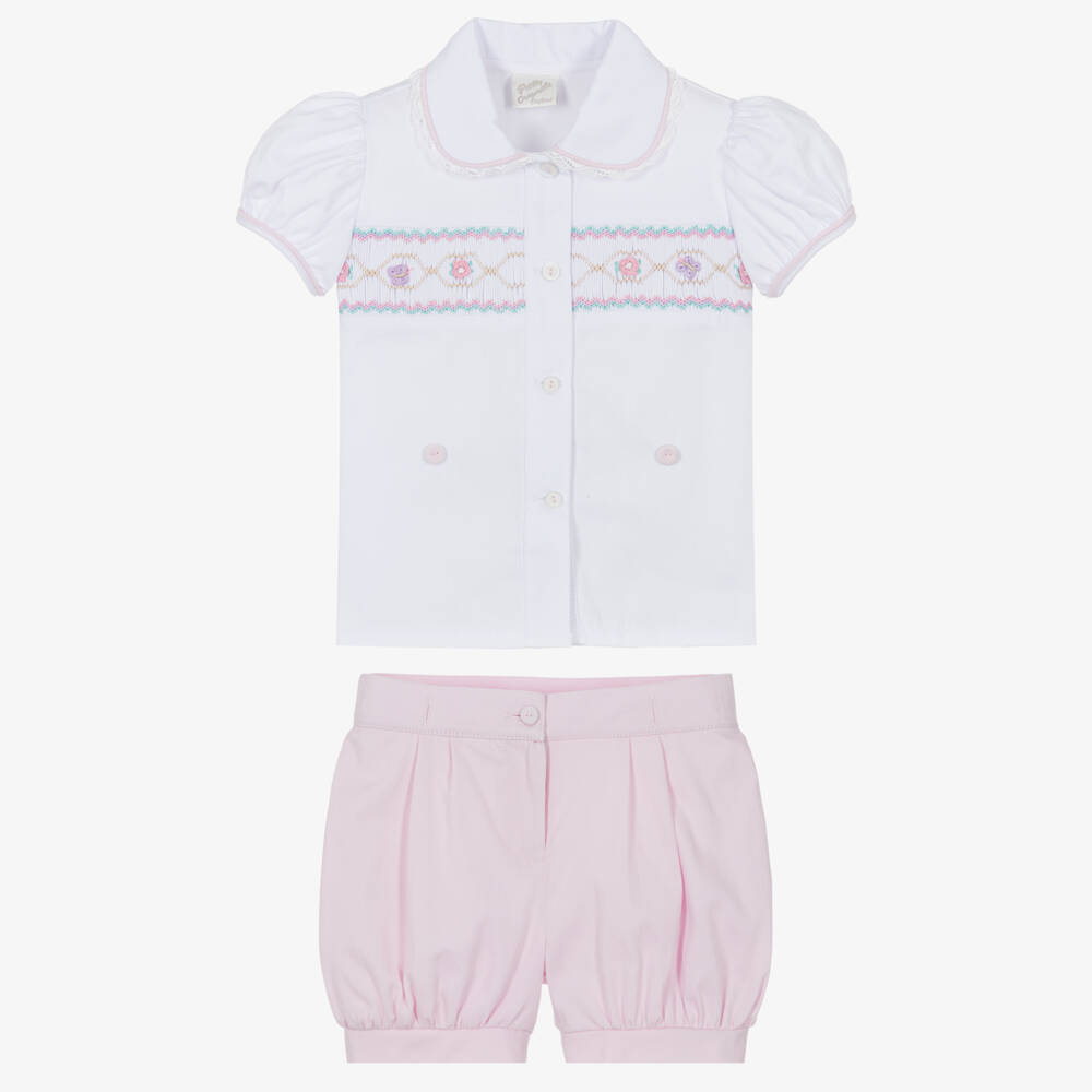 Pretty Originals-Girls White & Pink Hand-Smocked Cotton Buster Suit | Childrensalon
