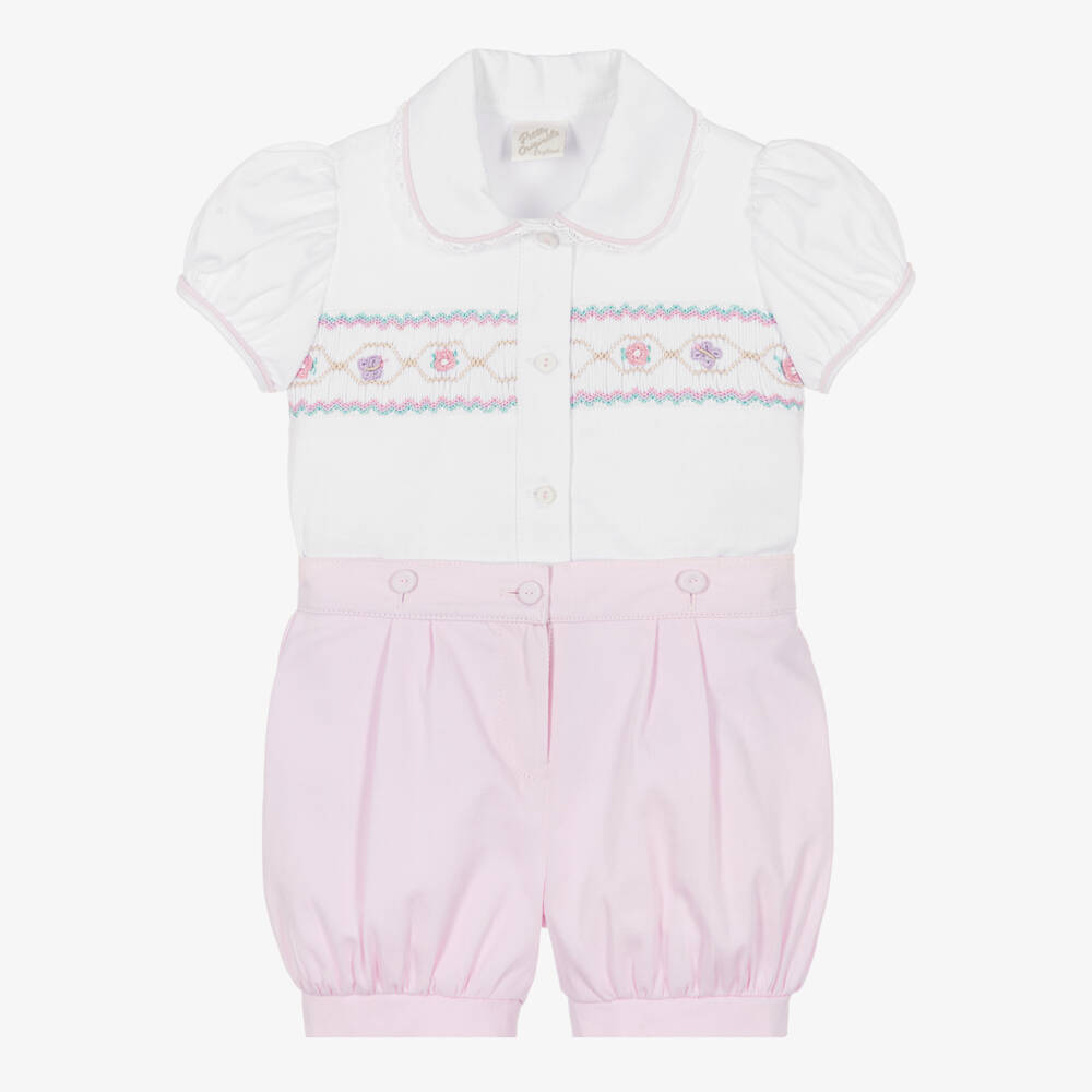 Pretty Originals-Girls White & Pink Hand-Smocked Cotton Buster Suit | Childrensalon