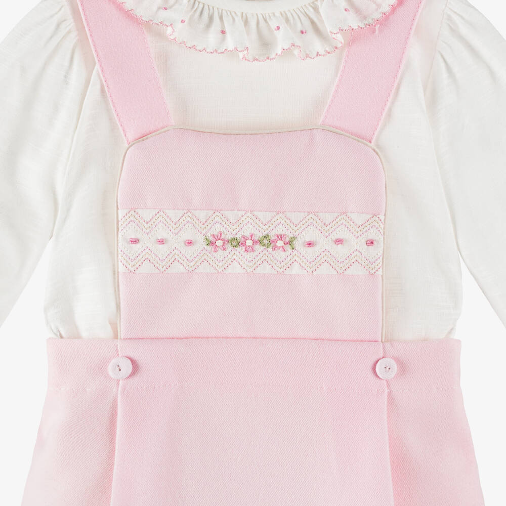 Pretty Originals-Girls White & Pink Pinafore Dress Set | Childrensalon