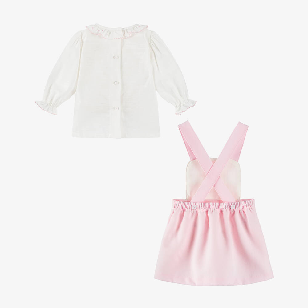 Pretty Originals-Girls White & Pink Pinafore Dress Set | Childrensalon