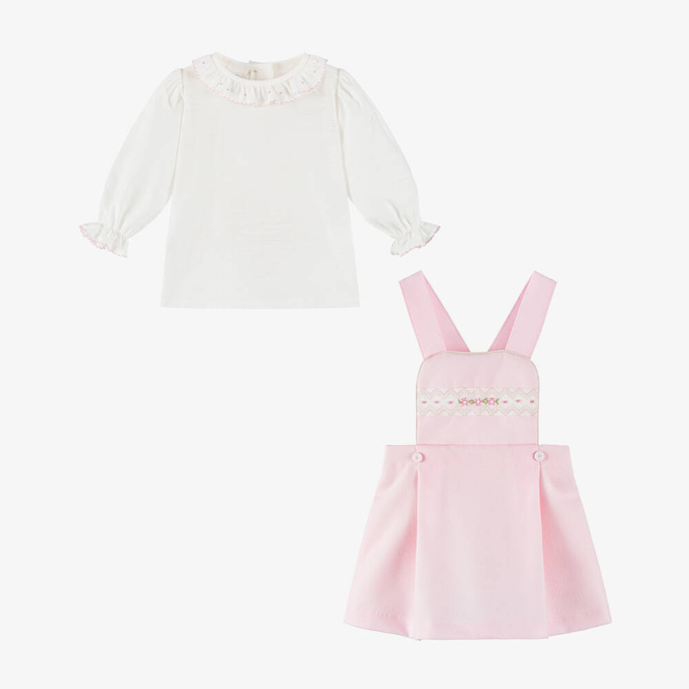 Pretty Originals-Girls White & Pink Pinafore Dress Set | Childrensalon