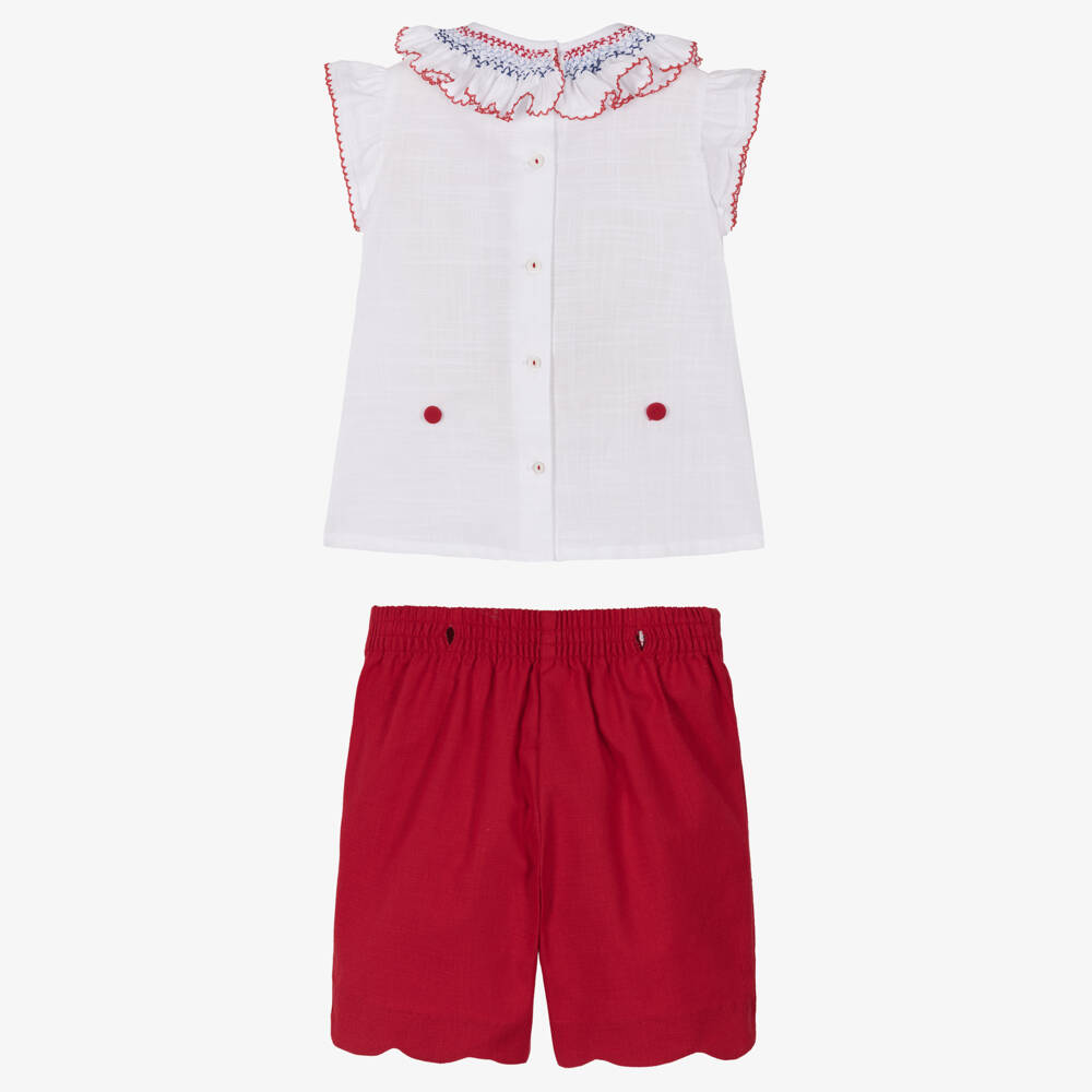 Pretty Originals-Girls White & Red Cotton Buster Suit with Hand Smocking | Childrensalon