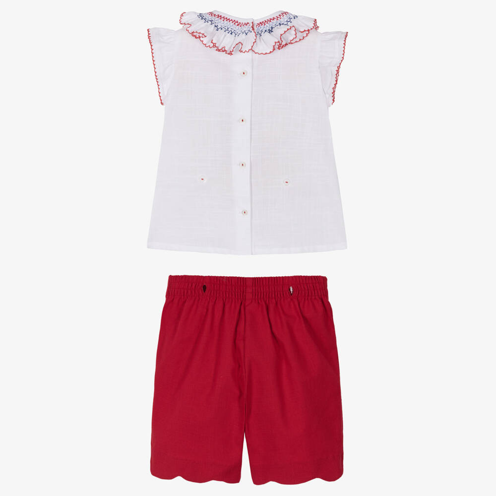 Pretty Originals-Girls White & Red Cotton Buster Suit with Hand Smocking | Childrensalon