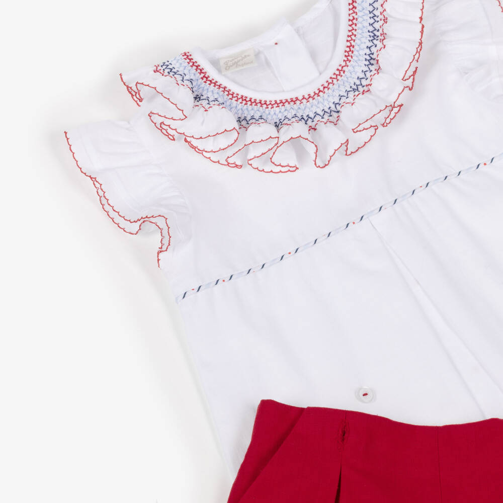 Pretty Originals-Girls White & Red Cotton Buster Suit with Hand Smocking | Childrensalon