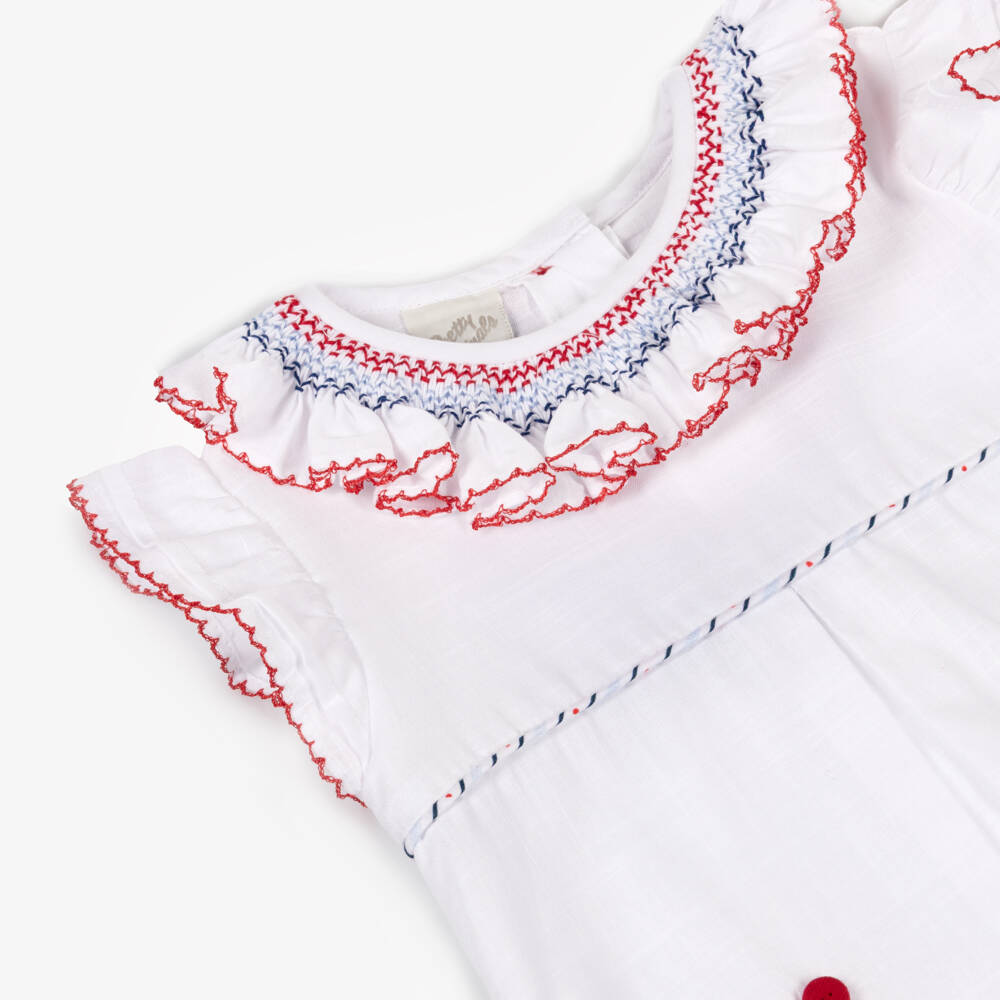 Pretty Originals-Girls White & Red Cotton Buster Suit with Hand Smocking | Childrensalon
