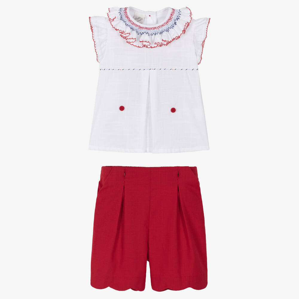 Pretty Originals-Girls White & Red Cotton Buster Suit with Hand Smocking | Childrensalon