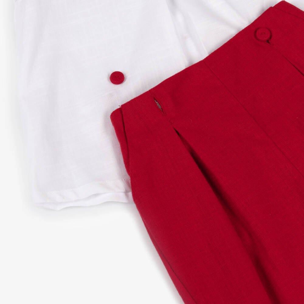 Pretty Originals-Girls White & Red Cotton Buster Suit with Hand Smocking | Childrensalon