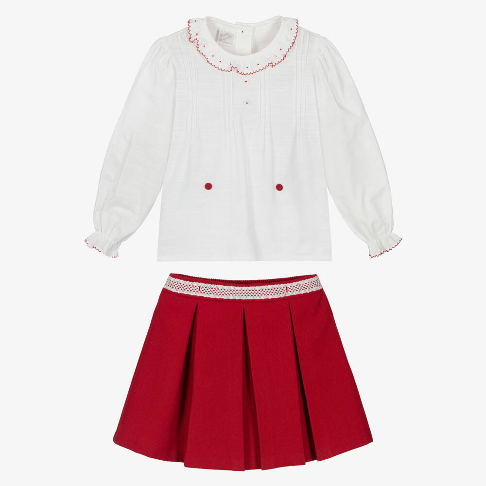 Pretty Originals-Girls White & Red Skirt Set with Ruffles & Pleats | Childrensalon