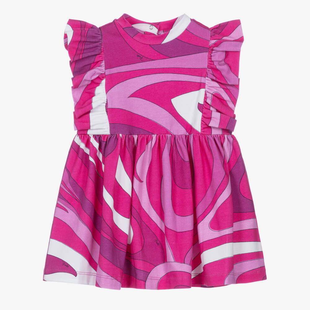 PUCCI-Baby Girls Bright Pink Cotton Jersey Dress with Marmo Print | Childrensalon