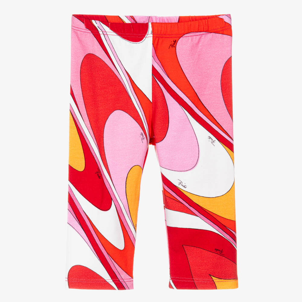 PUCCI-Baby Girls Pink & Red Cotton Leggings with Marmo Print | Childrensalon