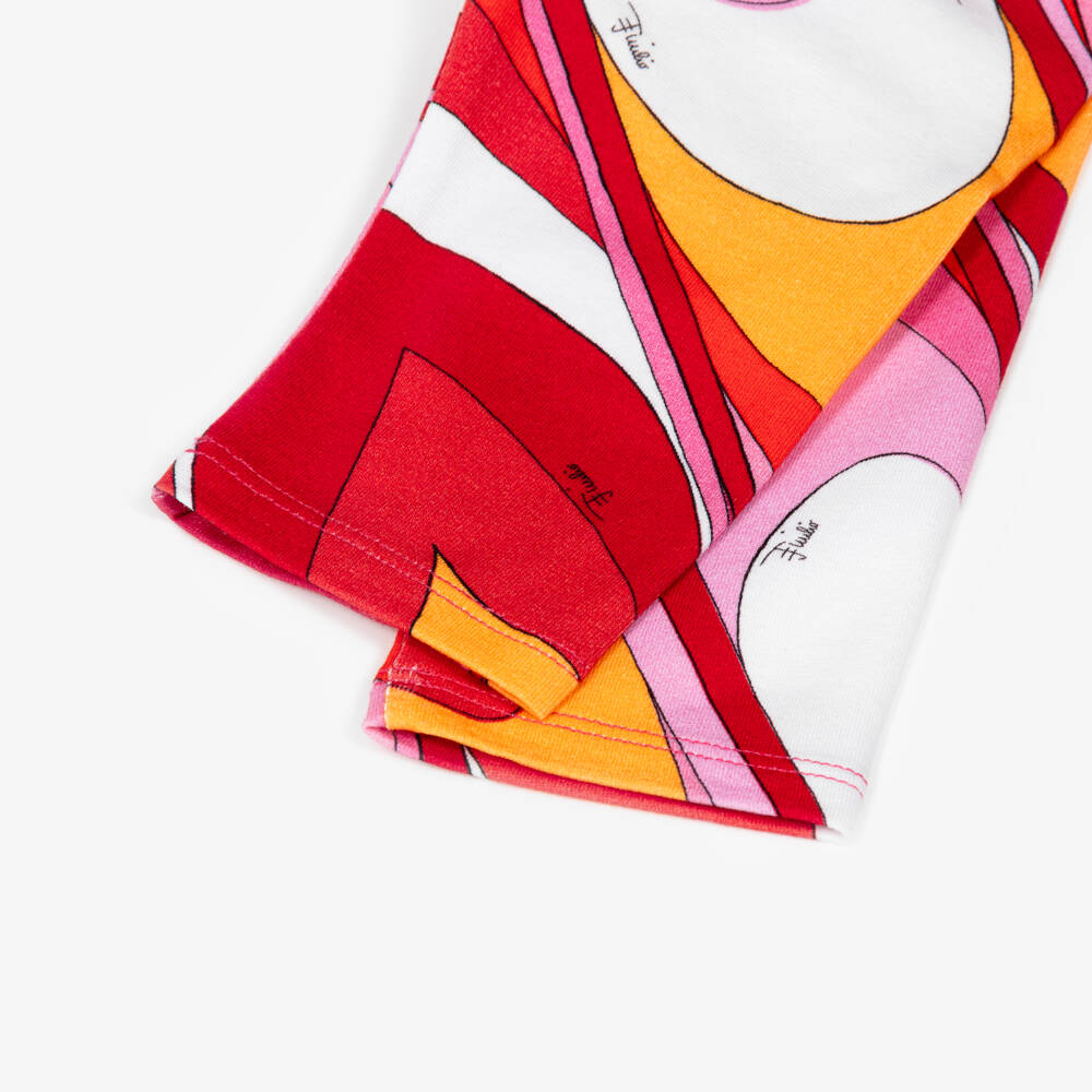 PUCCI-Baby Girls Pink & Red Cotton Leggings with Marmo Print | Childrensalon