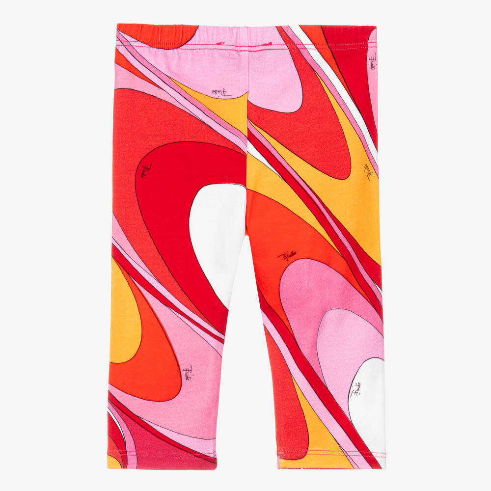 PUCCI-Baby Girls Pink & Red Cotton Leggings with Marmo Print | Childrensalon