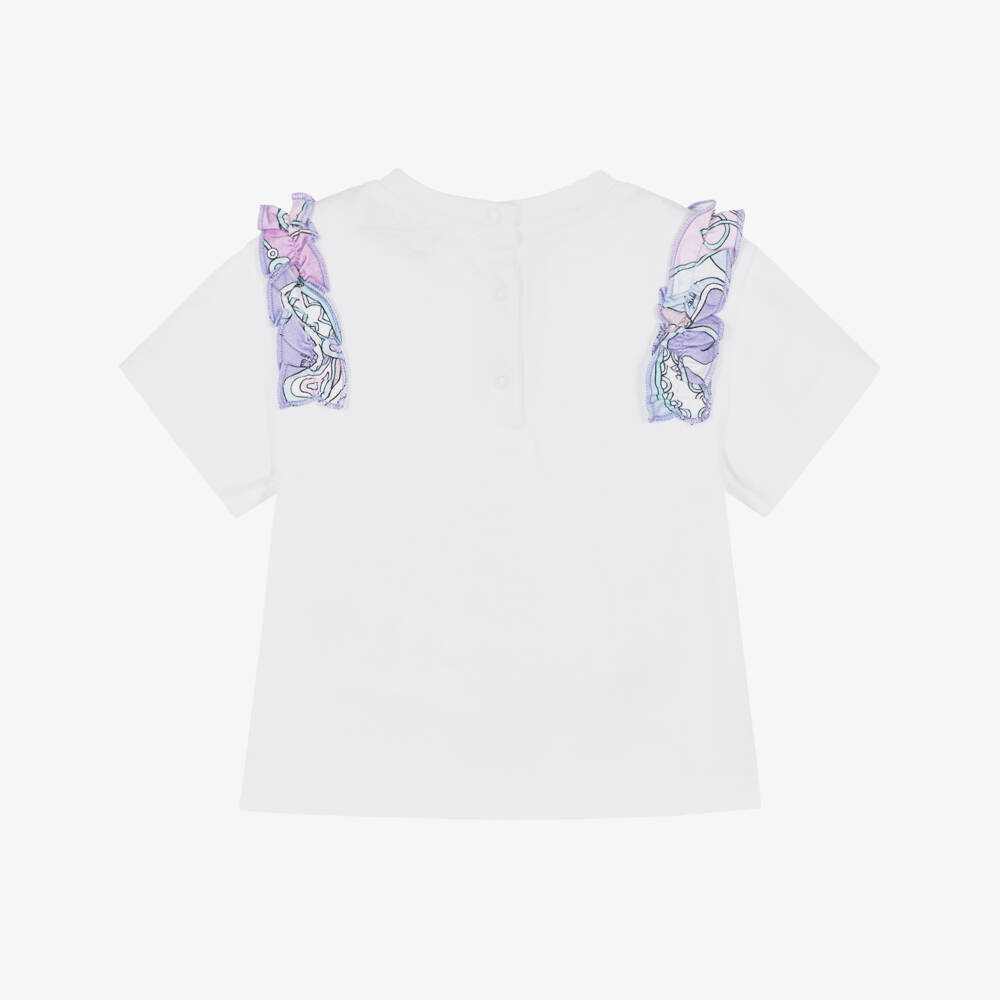PUCCI-Baby Girls White Cotton T-Shirt with Orchidee Ruffle | Childrensalon
