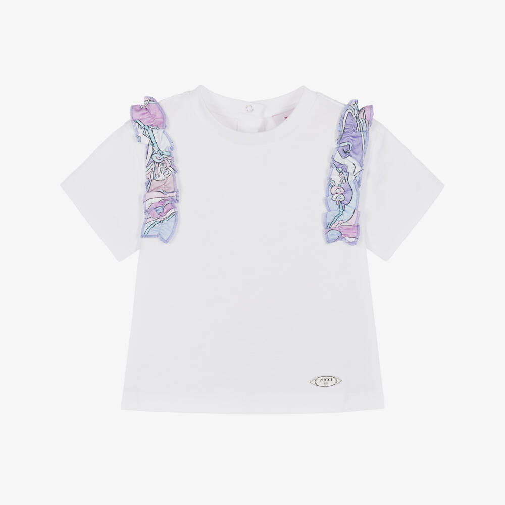 PUCCI-Baby Girls White Cotton T-Shirt with Orchidee Ruffle | Childrensalon
