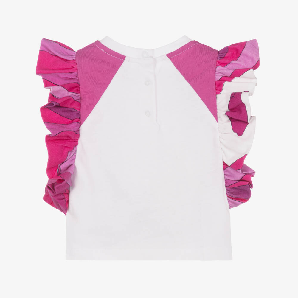PUCCI-Baby Girls White & Pink T-Shirt with Fish Motif & Marmo Frills | Childrensalon