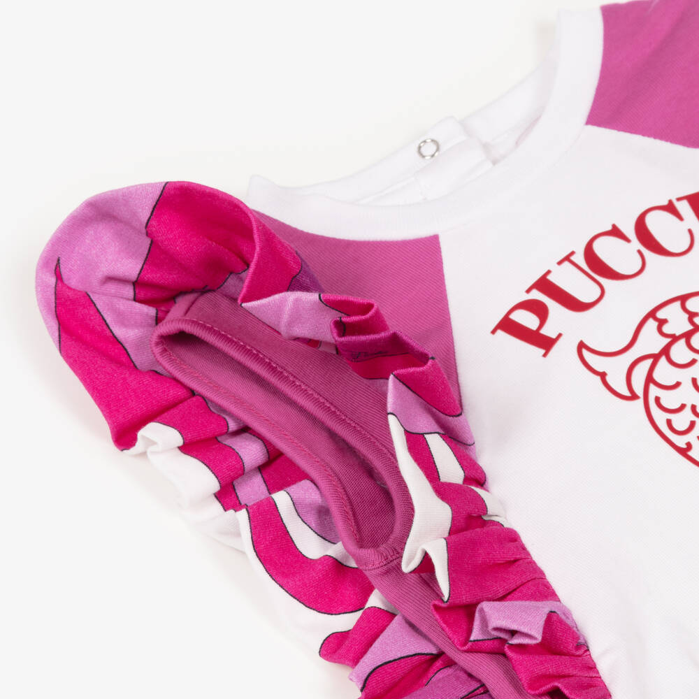 PUCCI-Baby Girls White & Pink T-Shirt with Fish Motif & Marmo Frills | Childrensalon
