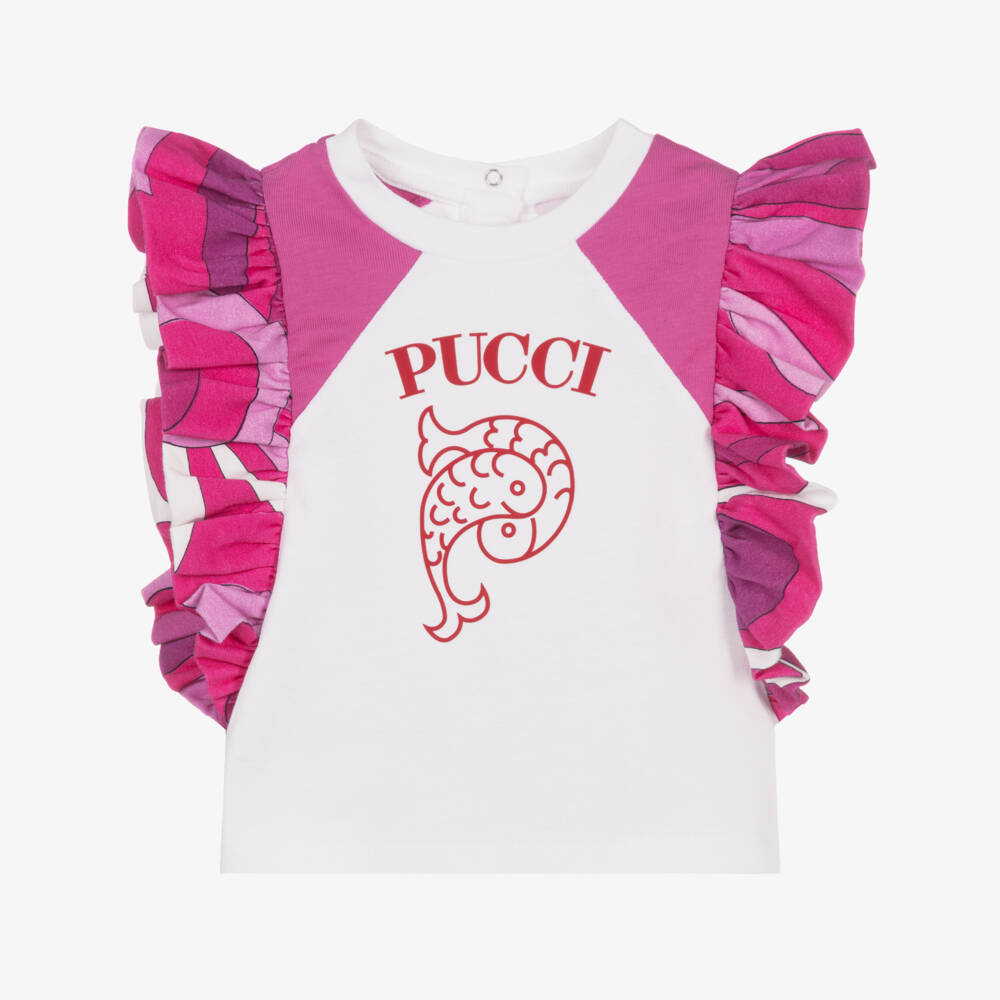 PUCCI-Baby Girls White & Pink T-Shirt with Fish Motif & Marmo Frills  | Childrensalon