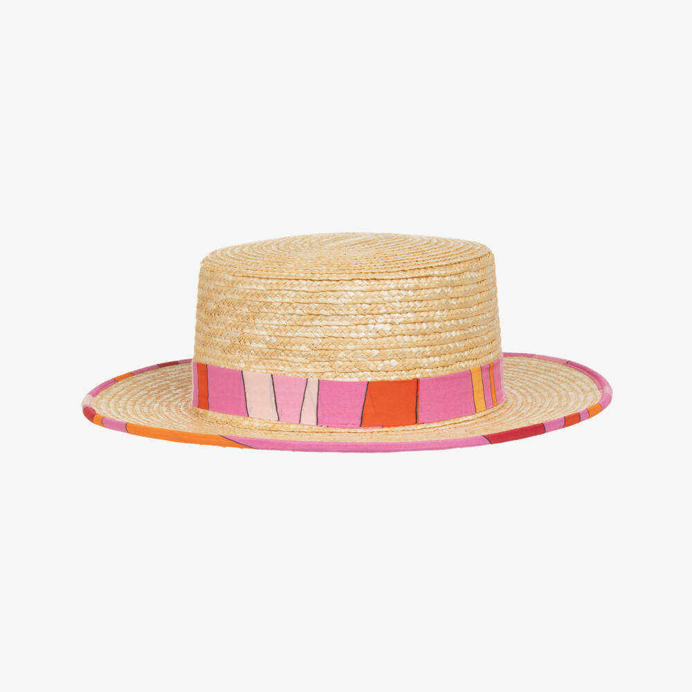 PUCCI-Girls Beige Straw Boater Hat with Pink Onde Trim | Childrensalon
