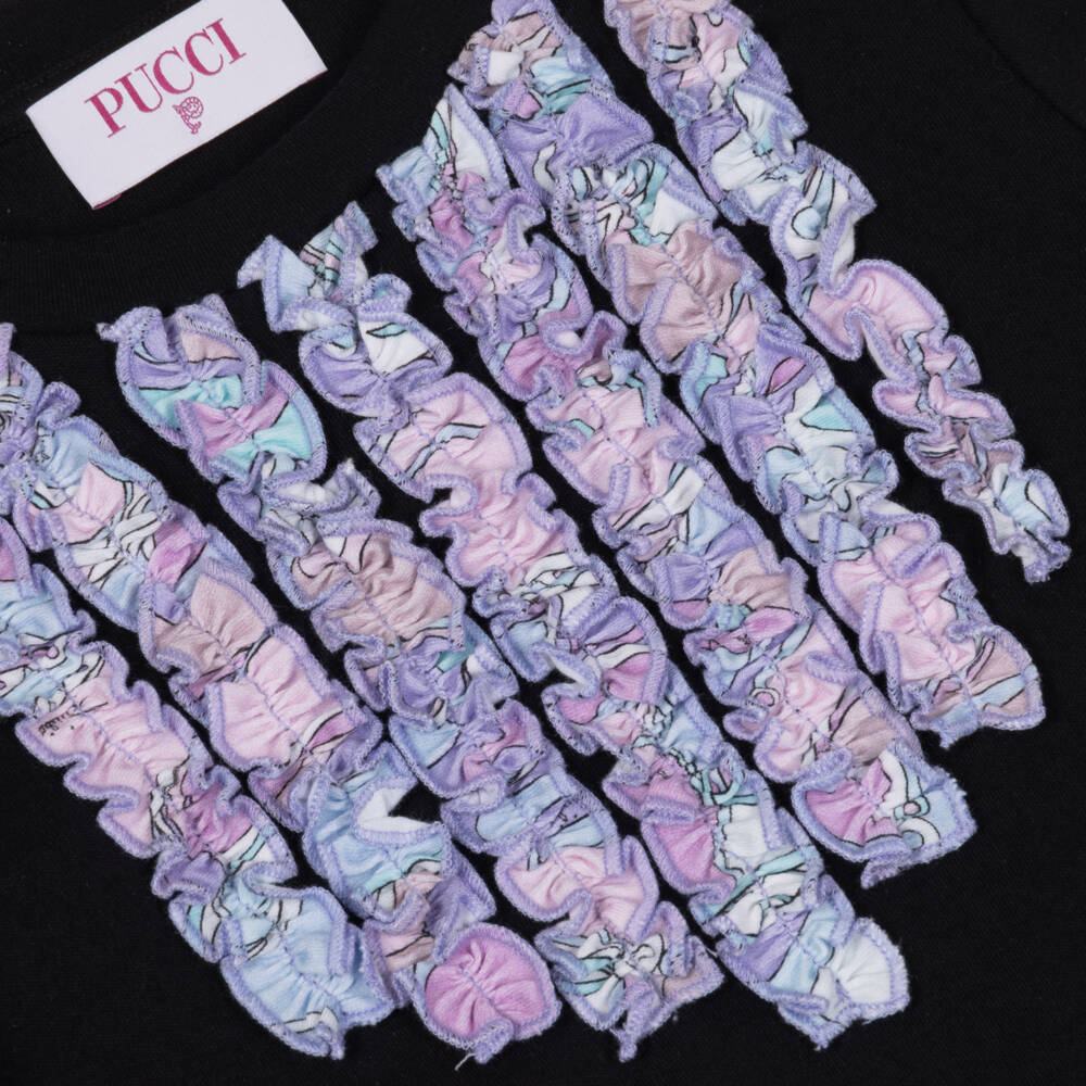 PUCCI-Girls Black Cotton Jersey Dress with Orchidee Print Ruffles | Childrensalon
