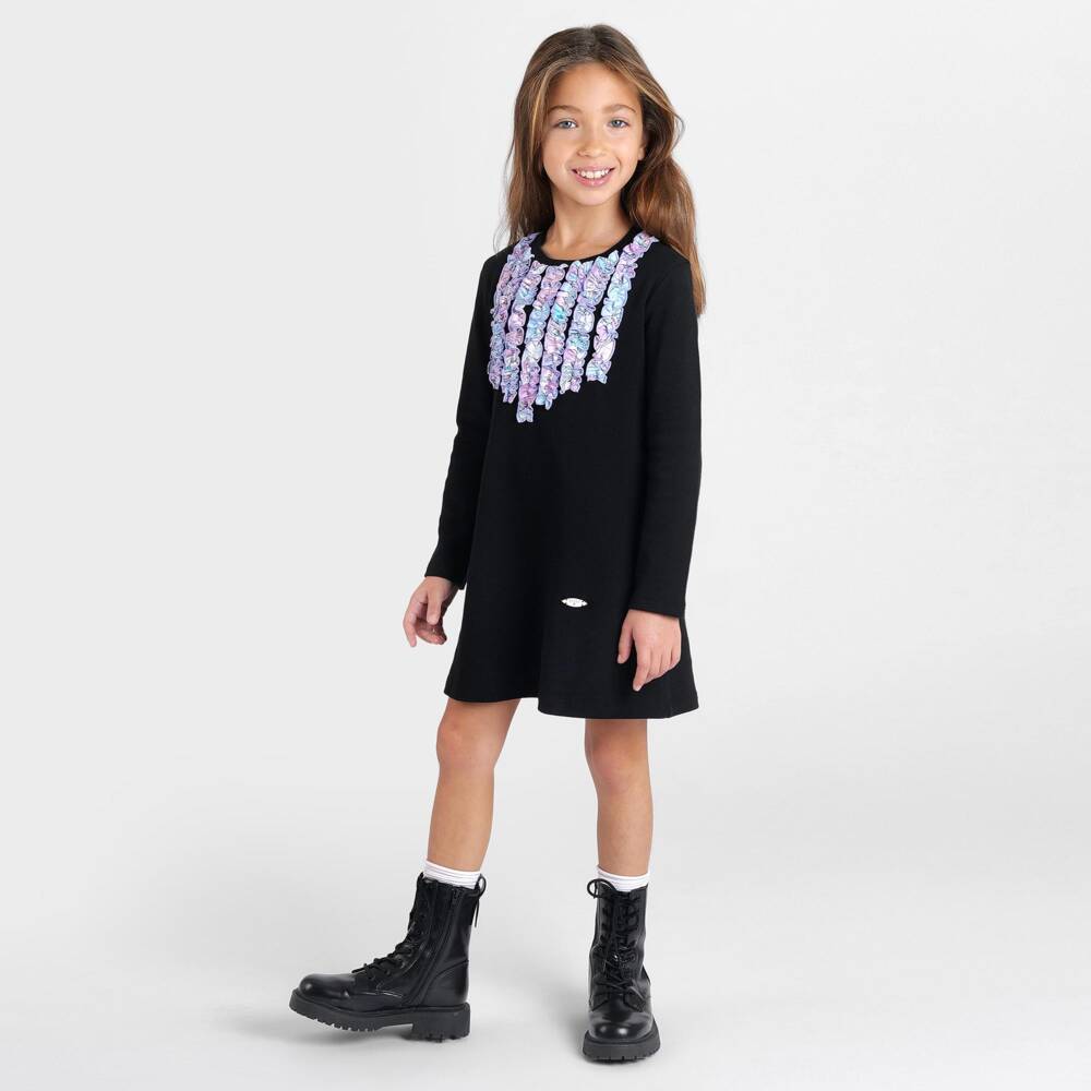 PUCCI-فستان قطن جيرسي لون أسود مزين بكشكش بطبعة أوركيد للبنات | Childrensalon