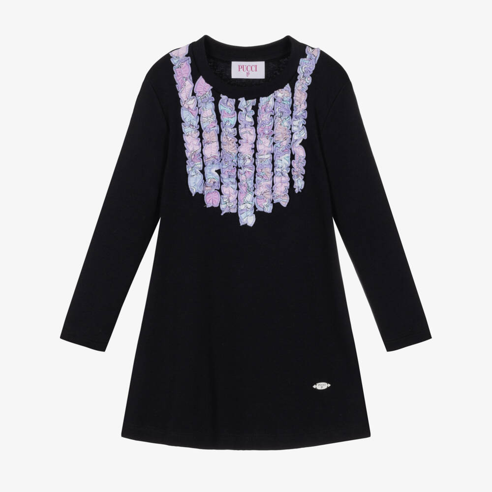 PUCCI-Girls Black Cotton Jersey Dress with Orchidee Print Ruffles | Childrensalon
