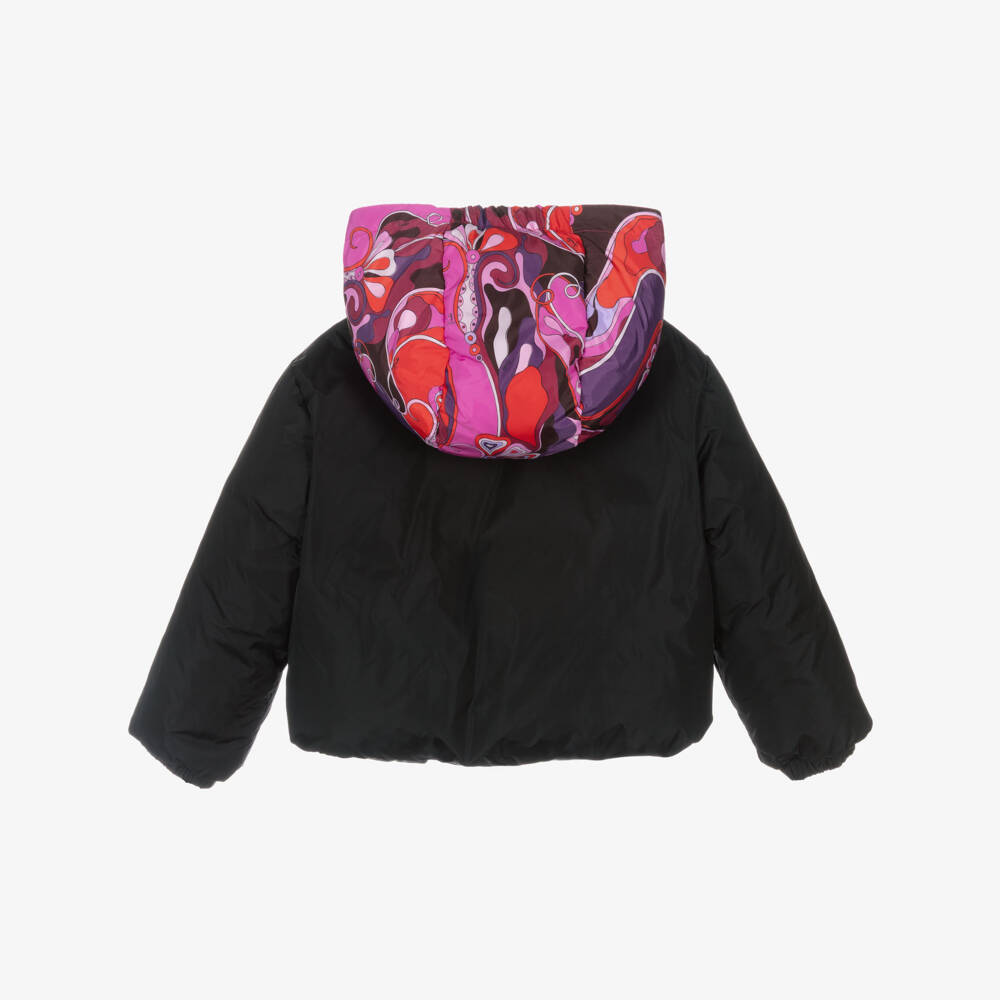 PUCCI-Girls Black Down Padded Jacket with Orchidee Print | Childrensalon