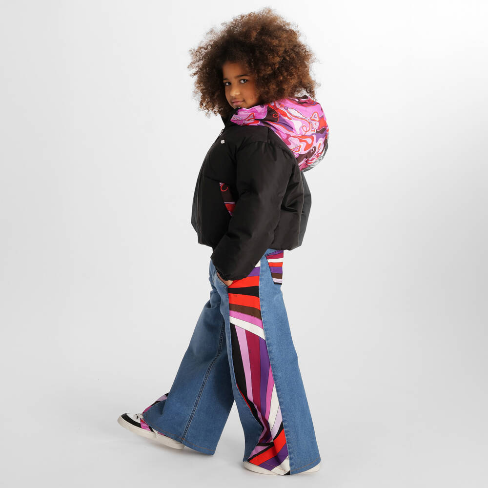 PUCCI-Girls Black Down Padded Jacket with Orchidee Print | Childrensalon