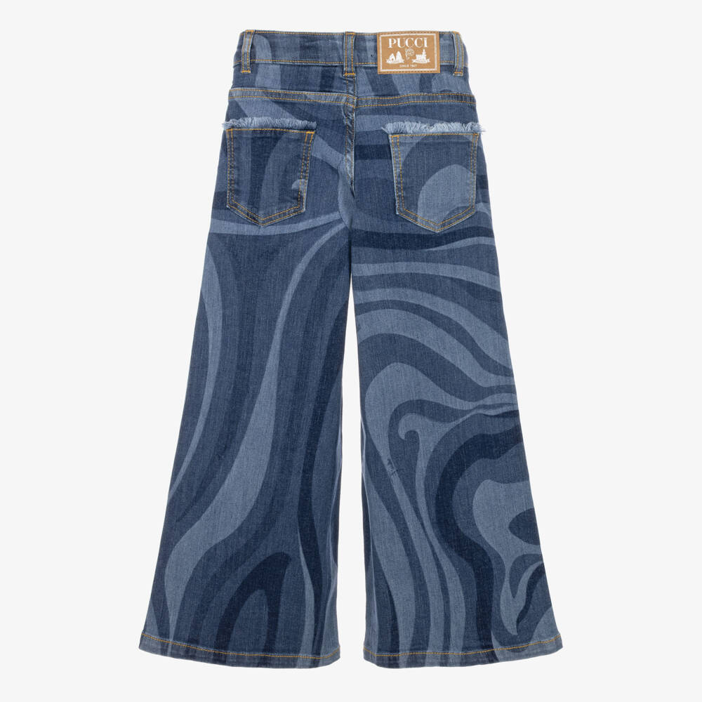 PUCCI-Girls Blue Denim Jeans with Marmo Print | Childrensalon