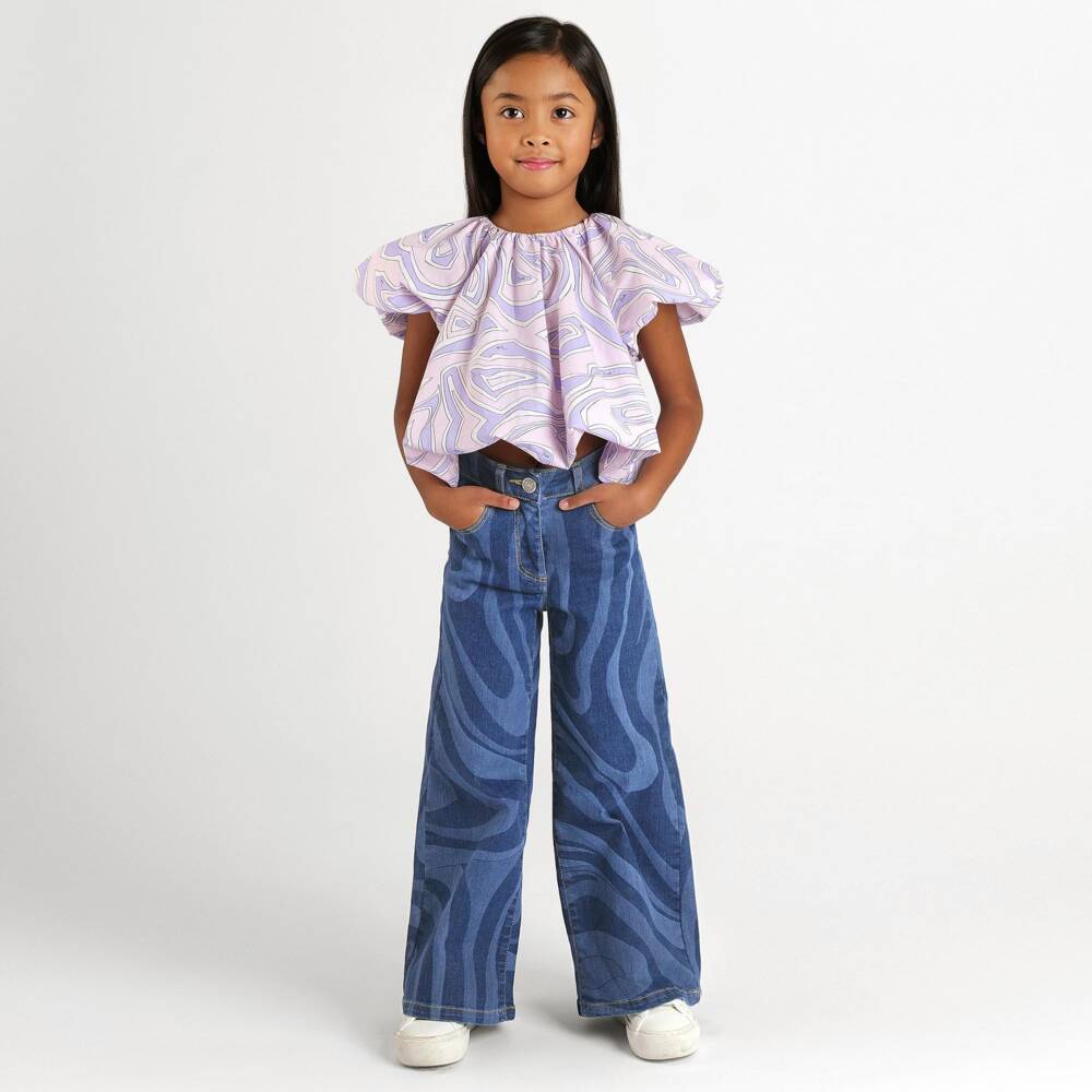 PUCCI-Girls Blue Denim Jeans with Marmo Print | Childrensalon
