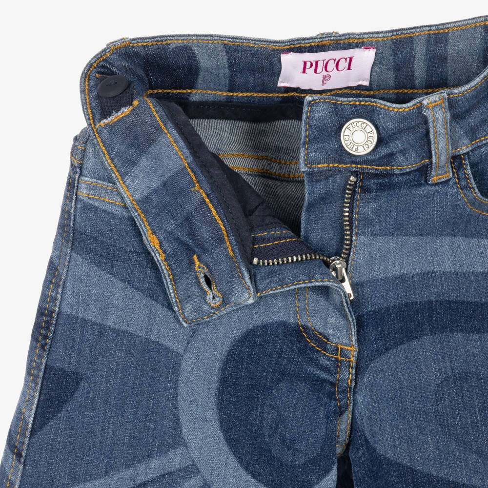 PUCCI-Girls Blue Denim Jeans with Marmo Print | Childrensalon