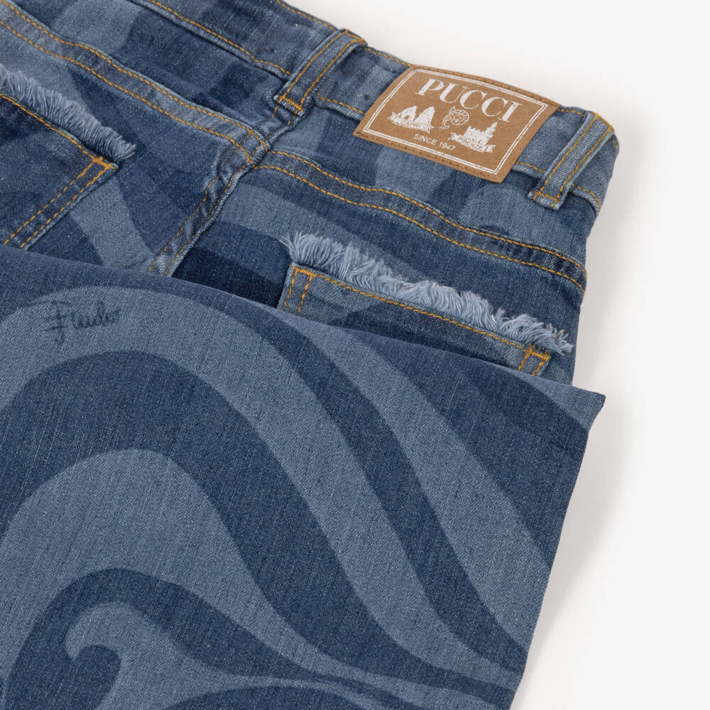 PUCCI-Girls Blue Denim Jeans with Marmo Print | Childrensalon