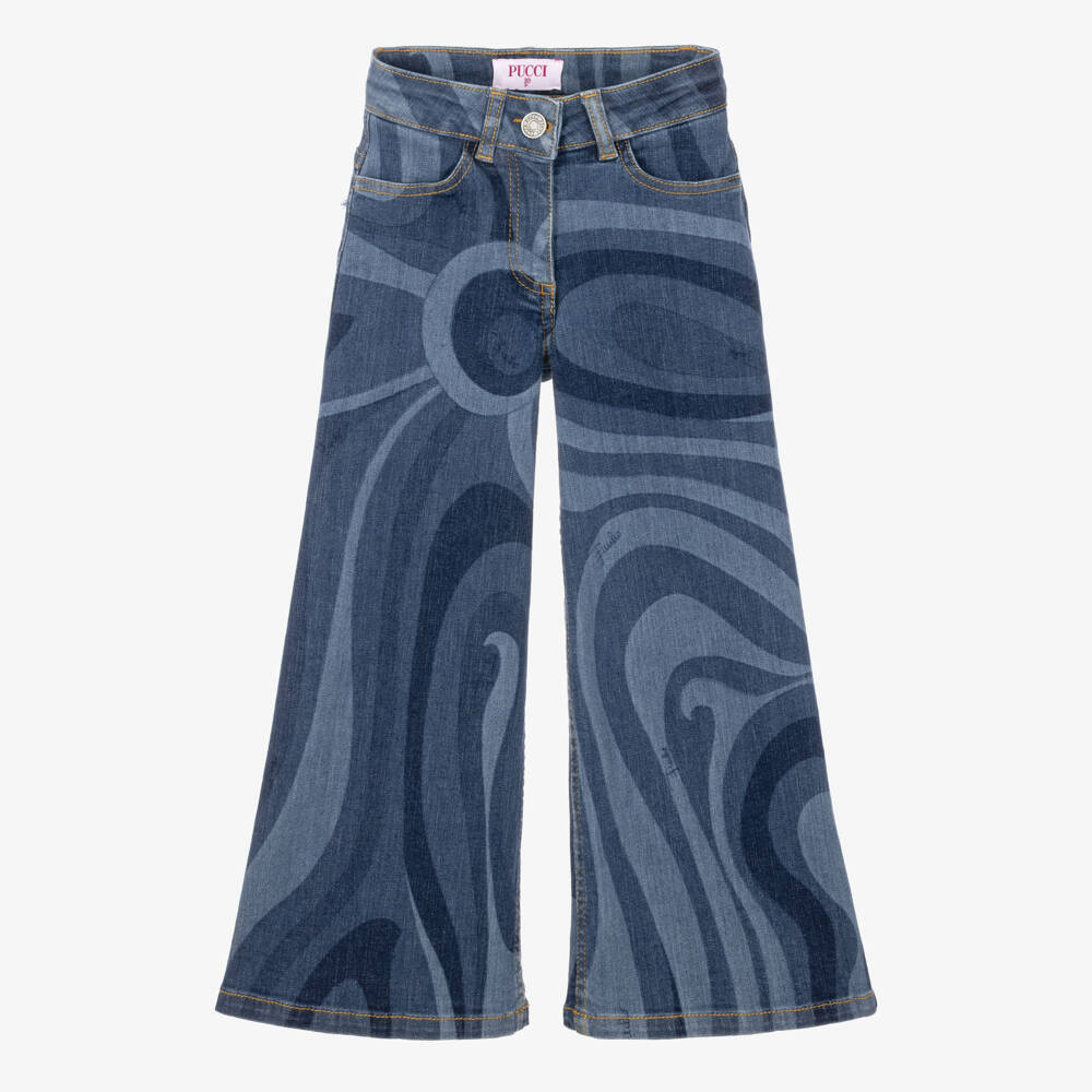 PUCCI-Girls Blue Denim Jeans with Marmo Print | Childrensalon